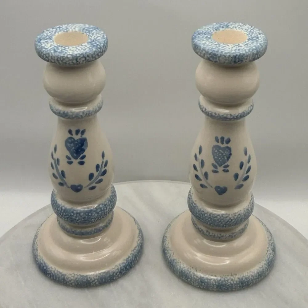 Vintage Blue Heart Spongeware Ceramic Candlestick Holders Pair Country 7.5